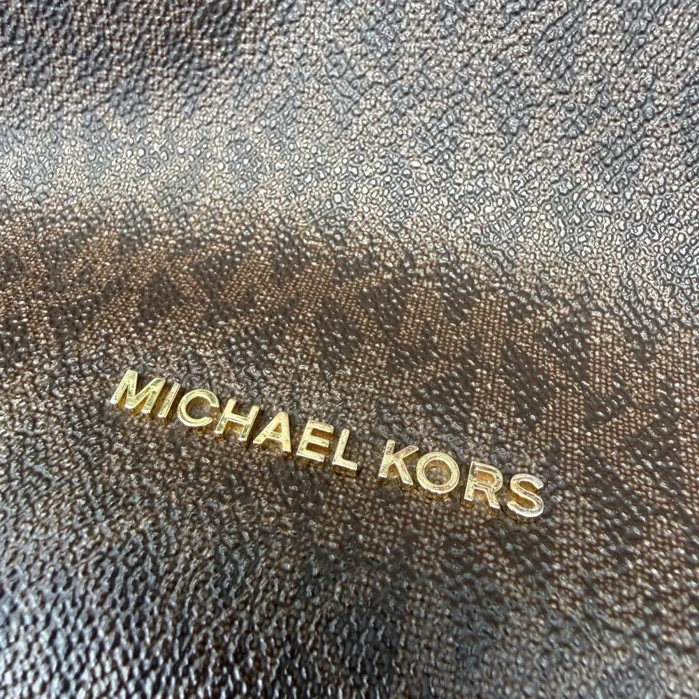 Michael Kors Brown Signature MK PVC Shoulder Tote Bag Acorn Leather Trim Large
